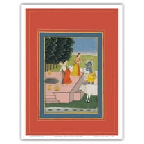 Lord Krishna - Gopis with Holy Cows - 19th Century Indian Miniature Painting - Vintage Religious Art c.1800s - Master Art Print (Unframed) 9in x 12in
