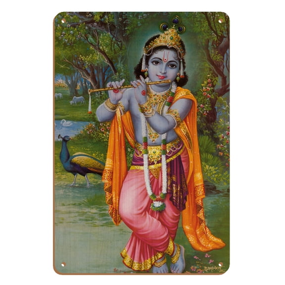 Lord Krishna - Hindu Deity - India - Vintage Religious Art - 8 x 12 inch Vintage Wood Art Sign