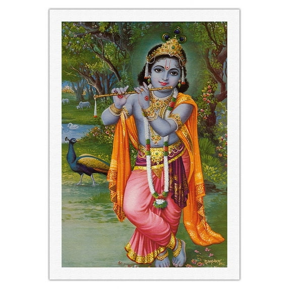 Lord Krishna - Hindu Deity - India - Vintage Religious Art - Fine Art Rolled Canvas Print 27in x 40in