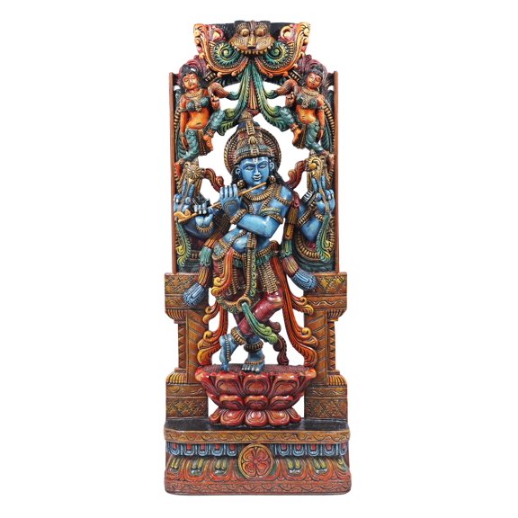 Lord Krishna Playing Flute Standing on Lotus Pedestal