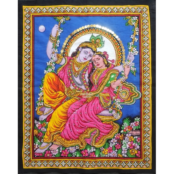 Lord Krishna Radha on swing Tapestry Sequin Wall Hanging, Home Decor Gift Fabric Print Poster