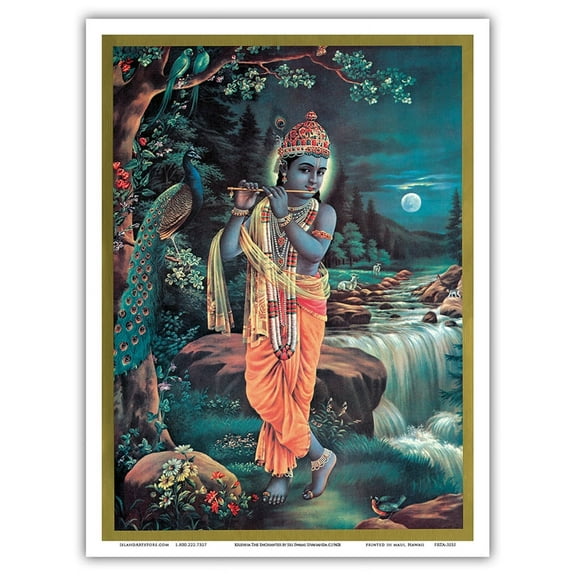 Lord Krishna The Enchanter - God of Love Playing his Flute - Vintage Religious Art c.1940s - Master Art Print (Unframed) 9in x 12in