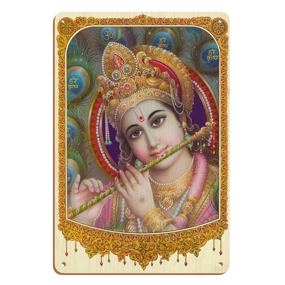 Lord Krishna With Flute - India Hindu Deity - Vintage Religious Art - 8 x 12 inch Vintage Wood Art Sign