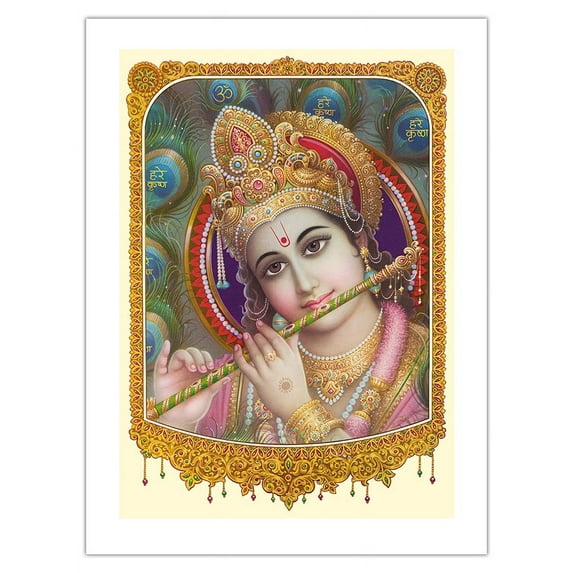 Lord Krishna With Flute - India Hindu Deity - Vintage Religious Art - Bamboo Fine Art 290gsm Paper Print (Unframed) 18x24in