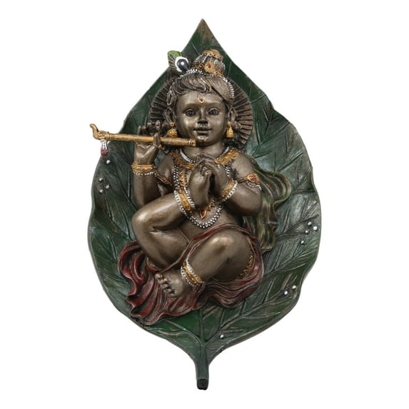 Lord Krishna as Baby Laying On Peepal Banyan Leaf Hindu Figurine 6"H Statue