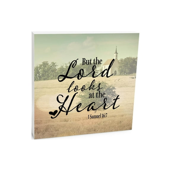 Lord Looks At Heart Golden Field Church 10 x 10 Wood Tabletop Sign Plaque