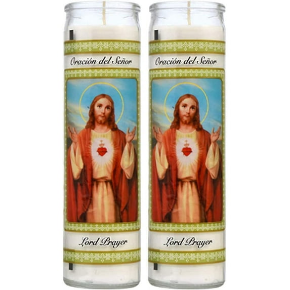 Lord Prayer Candles - Unscented Candle Set (2 Pc Bulk) Great for Sanctuary, Vigils and Prayers - Oracion del Senor - White Jar Candles - Church Spiritual Religious Devotional