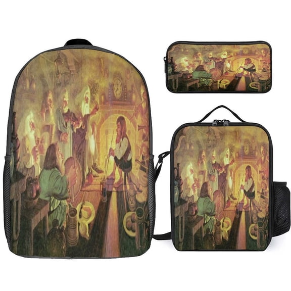 The Lord of the Rings Backpack with Lunch Bag Combo 17 inch Black,Baggins Bilbo Fantasy Fireplace Character Backpack,Adult Unisex,Men and Women for Camping Hiking