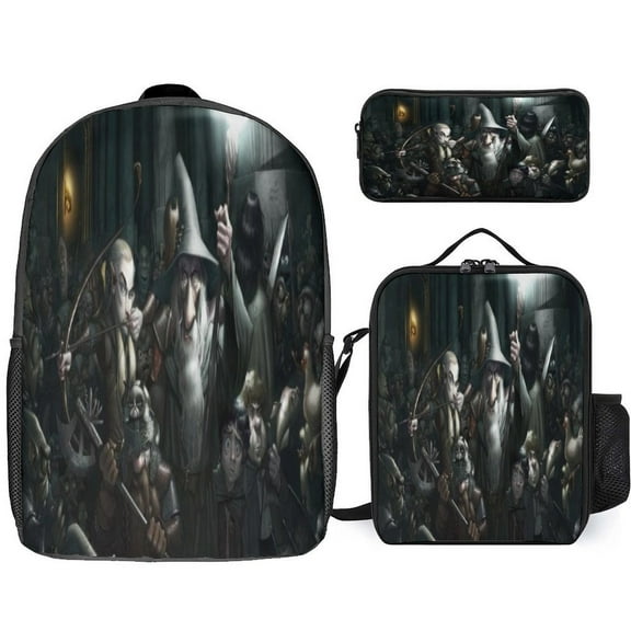 The Lord of the Rings Backpack with Lunch Bag Combo 17 inch Black,Frodo Baggins Gandalf Gimli Backpack High School,Adult Unisex,Men and Women for Camping Hiking