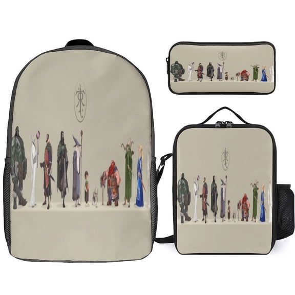 The Lord of the Rings Backpack with Lunch Bag Combo 17 inch Black,Frodo Baggins Gimli Galadriel Clear Backpack,Adult Unisex,Men and Women for Camping Hiking