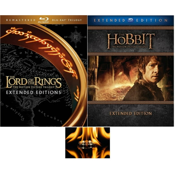 The Lord Of the Rings Extended Editions Trilogy & The Hobbit Extended Editions Trilogy 24 Disc Blu Ray Set Includes Precious Ring Glossy Print Art Card