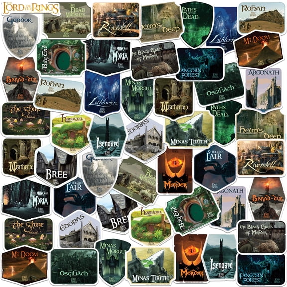 The Lord of The Rings Location Badges 50ct Vinyl Large Deluxe Stickers Variety Pack Middle-Earth Landmarks from Hobbiton, Rivendell, Mordor, Gondor, Rohan, Minas Tirith & Iconic Realms for Laptop