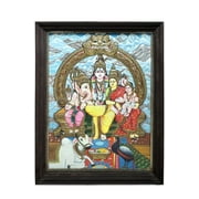 Lord Shiva Family Tanjore Painting | Traditional Colors With 24K Gold | Teakwood Frame | Gold & Wood