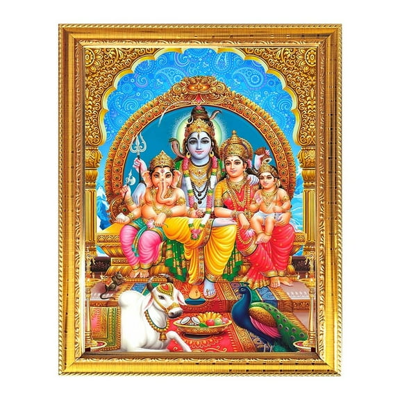 Lord Shiva Pariwar Indian God Photo With Golden Frames for Pooja And Wall Gift House Warming Office Living Room Table Temple 11.8 X 15.7