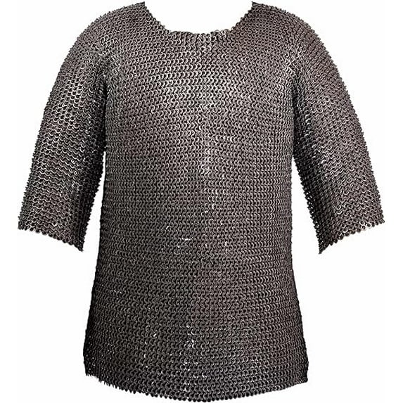 Lord of Battles Flat Ring Chainmail Medieval Half Sleeves Shirt Haubergeon, Riveted and Alternating, ID 9 mm, Natural