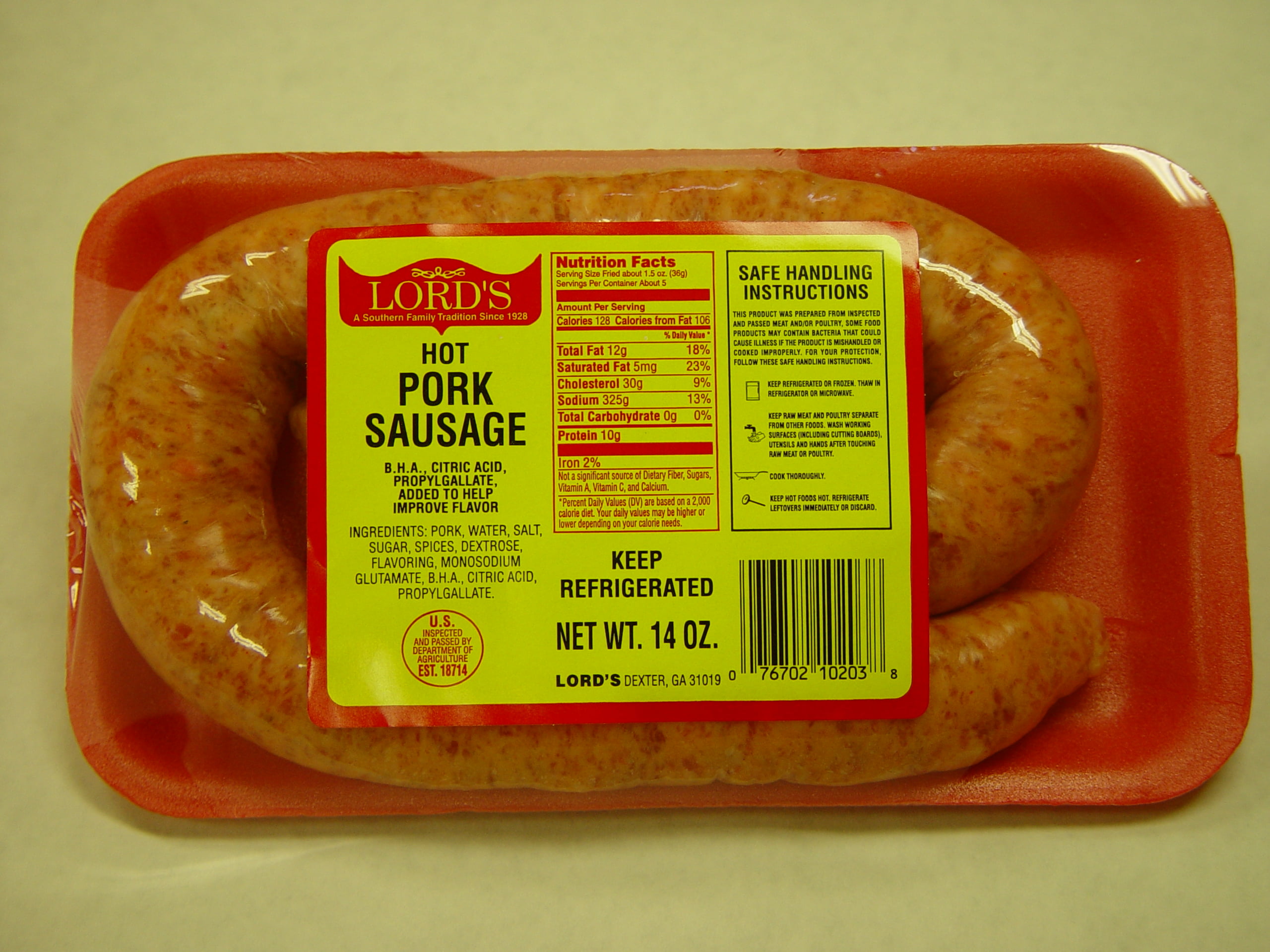 Lord's Fresh Hot Pork Rope Link Sausage 14 OZ CELLO