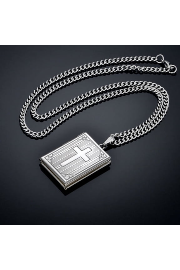 Lord's Prayer Bible Cross Pendant Photo Locket Remembrance Necklace Mens Womens