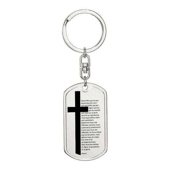 Lord's Prayer French Notre Père Bible Keychain Stainless Steel or 18k Gold Dog Tag