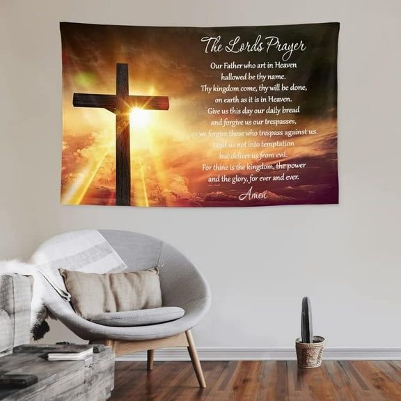 The Lord's Prayer Tapestry - Religious Wall Hanging with Cross Design - Inspirational Christian Home Decor for Church, Bedroom, Living Room - 60" x 40"