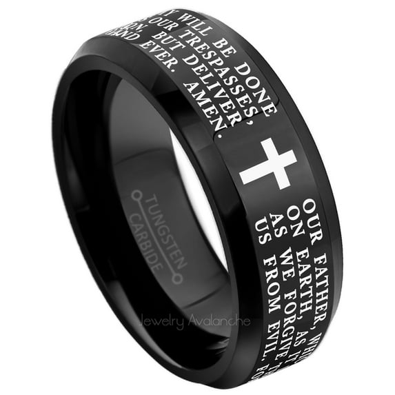 Jewelry Avalanche Lord's Prayer Tungsten Wedding Band Black Beveled Edge Tungsten Anniversary Band Polished Finish - #084LPs13