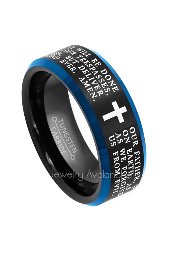 Lord's Prayer Tungsten Wedding Band Black & Blue Beveled Edge Tungsten Anniversary Band Brushed Finish - #915LPs15