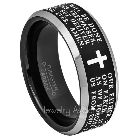 Jewelry Avalanche Lord's Prayer Tungsten Wedding Band Black & Silver Beveled Edge Tungsten Anniversary Band Brushed Finish - #667LPs8