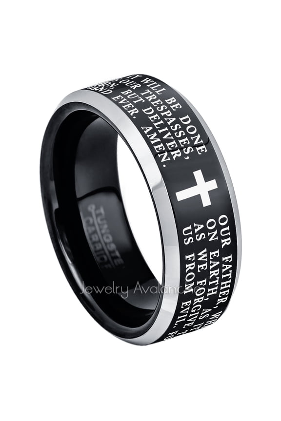 Lord's Prayer Tungsten Wedding Band Black & Silver Beveled Edge Tungsten Anniversary Band Polished Finish - #119LPs10