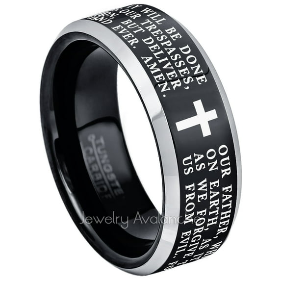 Jewelry Avalanche Lord's Prayer Tungsten Wedding Band Black & Silver Beveled Edge Tungsten Anniversary Band Polished Finish - #119LPs10