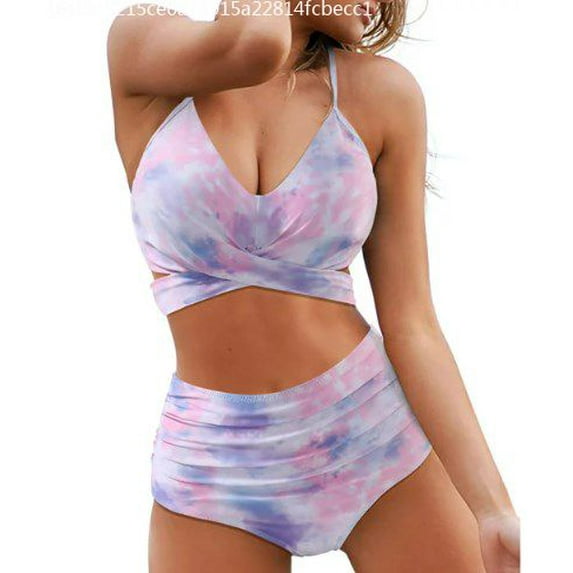 Women/teen girls Swimsuit Two Piece Halter Ruched High Waist Bikini Bathing Suit swimwear Adjustable Back tie-dyed
