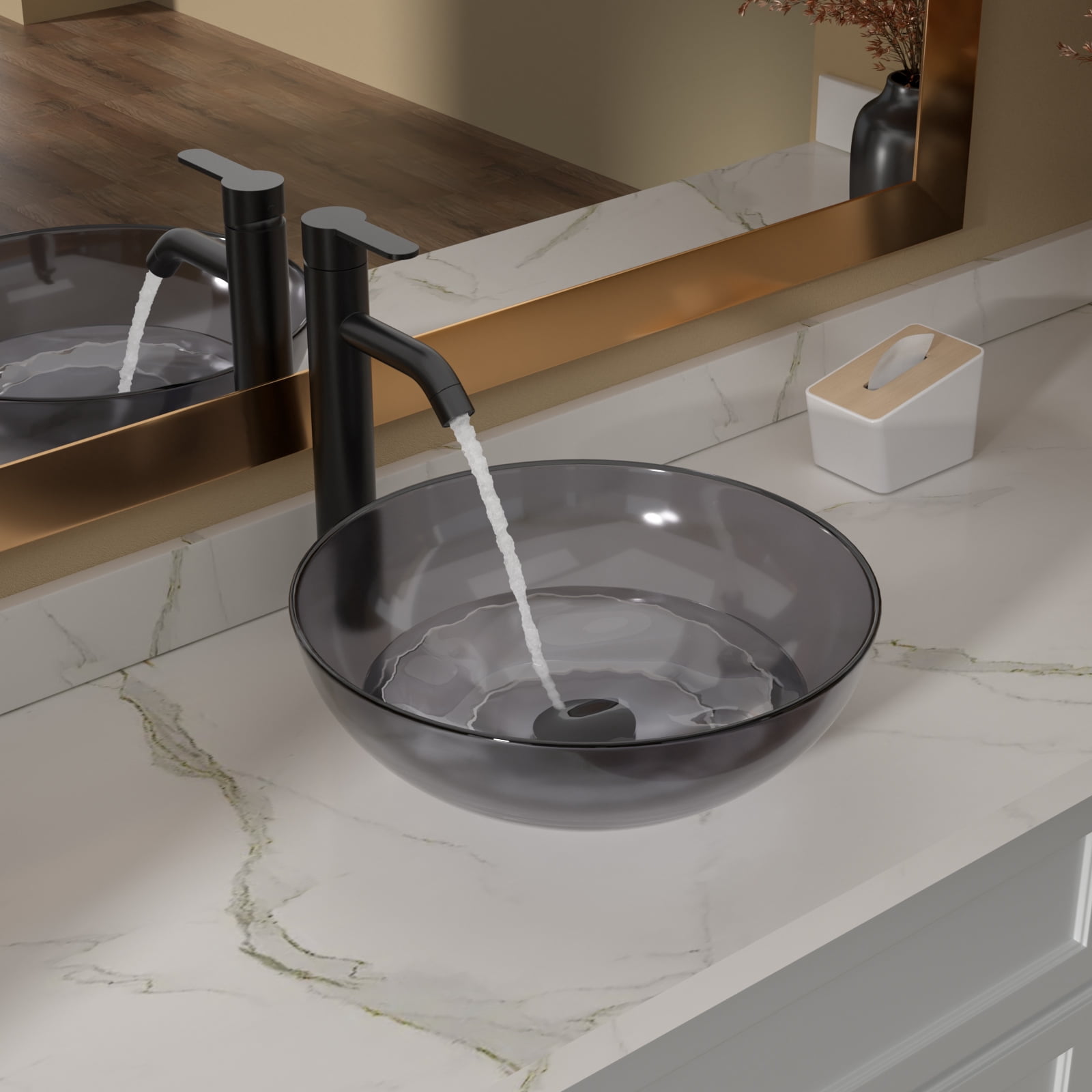 Lordear 14 Inch Round Gray Clear Tempered Glass Vessel Sink Bathroom ...