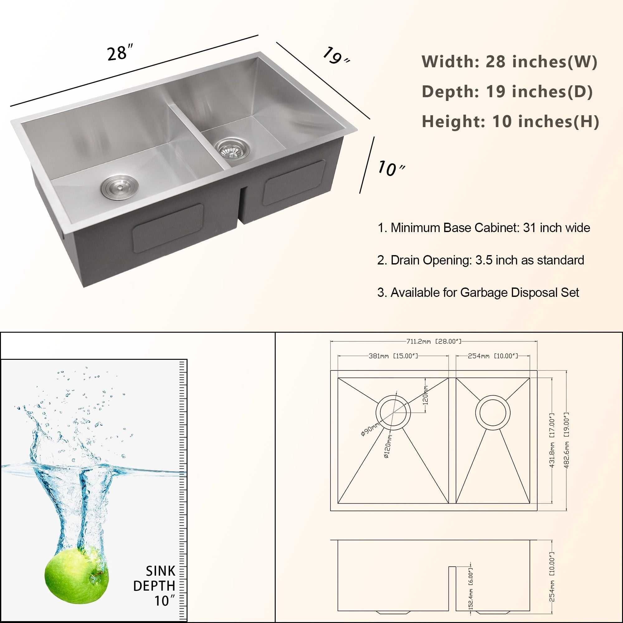 28-Inch Double Bowl Undermount Stainless Steel Kitchen Sink