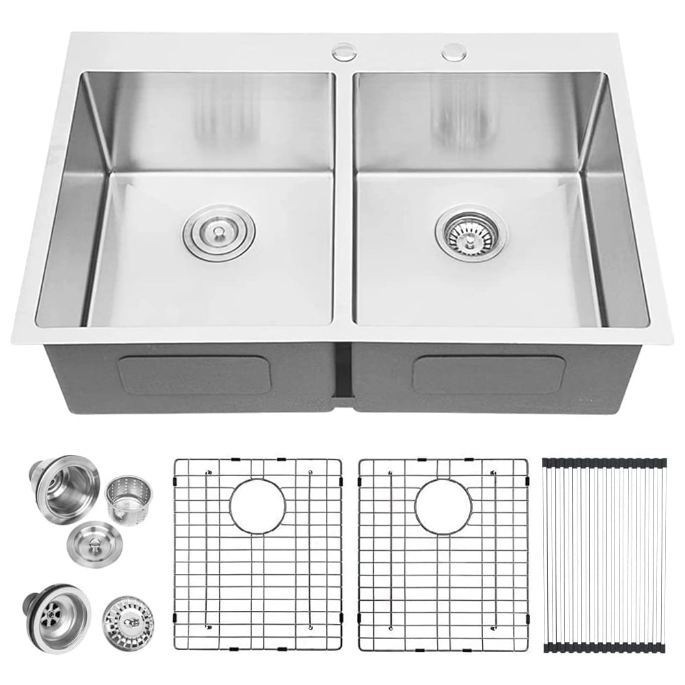 Lordear 33"x22"x10" Double Basin Drop in Kitchen Sink with Stainless Steel Sink Strainer