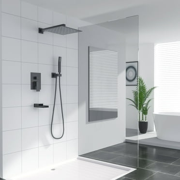 Lordear Bath Shower Faucet Set Tub Spout 10 inch Rain Shower Head with Handheld Shower System Black Matte