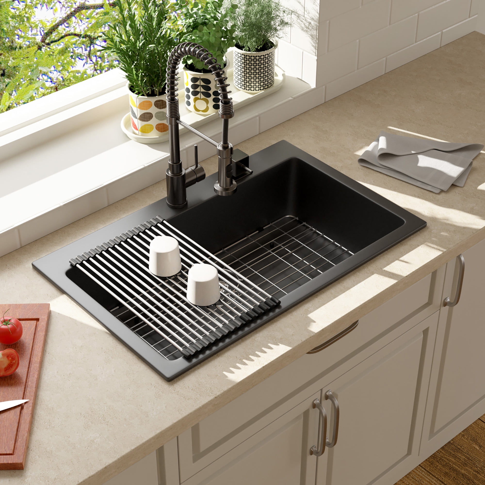Lordear Black Drop-in Kitchen Sink 33 Inch Granite Kitchen Sink Quartz Granite Composite Black ...