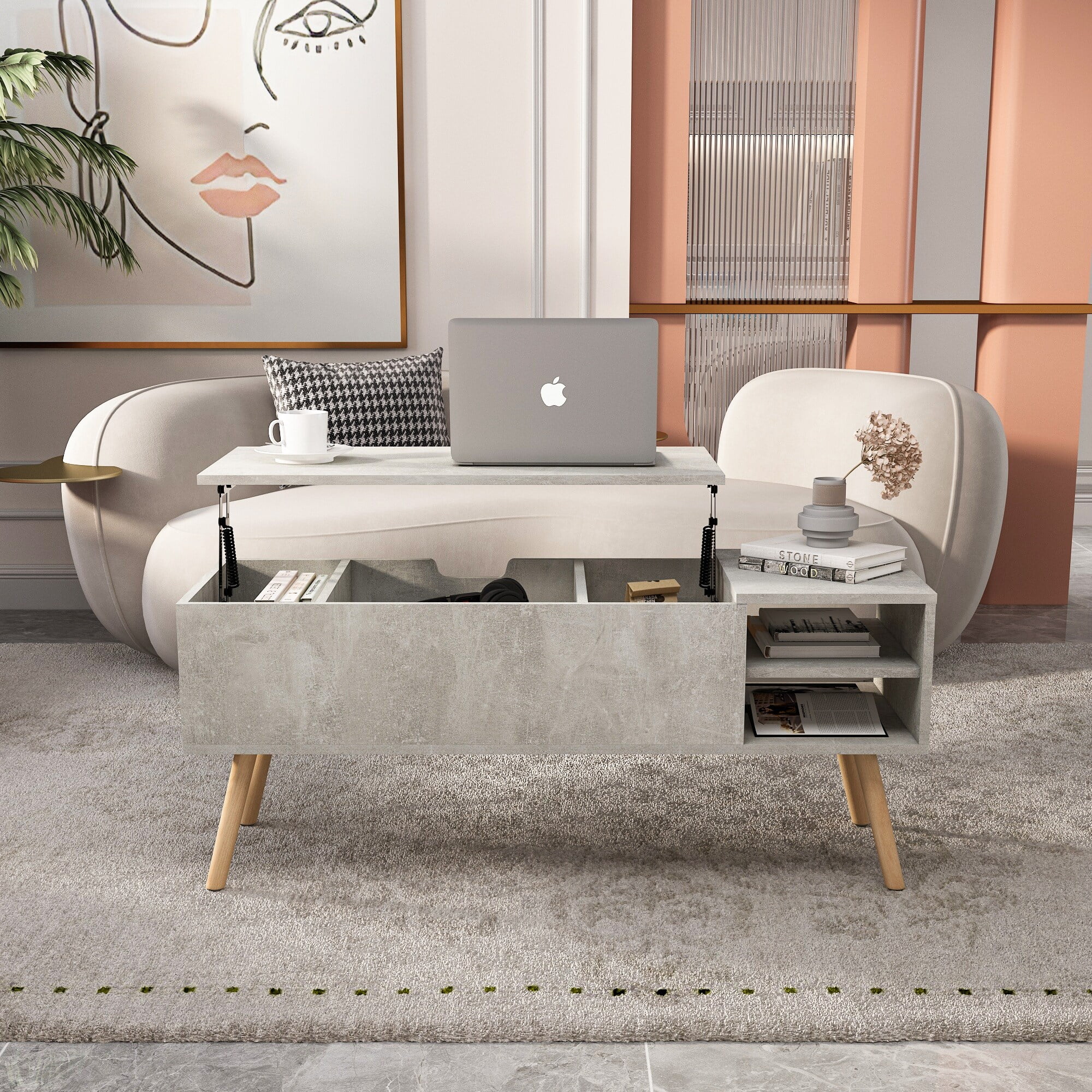 Lordear Liftable Table Top Coffee Table with Solid Wood Legs Support Antique grey white N/A