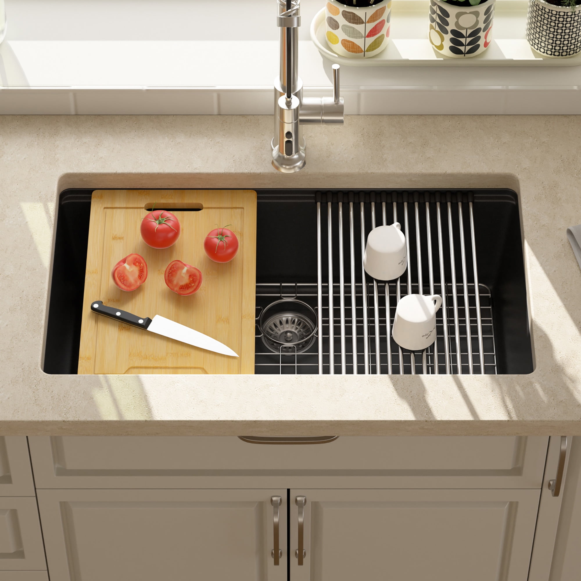 Lordear Matte Black Composite Undermount Kitchen Sink 33 Inch Granite