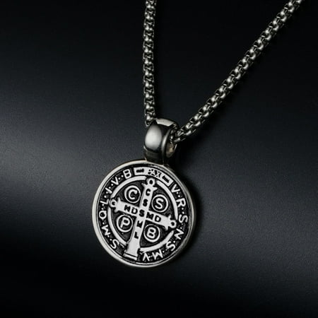 Lordgold 14K White Gold Saint St. Benedict Collar Medal of San Benito Necklace Men Women Spiritual Virgin Mary Pendant Necklace For Men