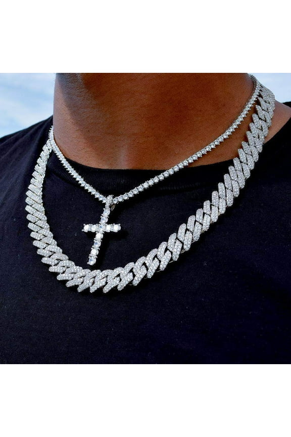 2PCS/Set Iced Out Cross Pendant Tennis Chain 14K White Gold Necklace For Men With 14MM Miami Cuban Link Chain Necklaces Hip Hop Jewelry Gift