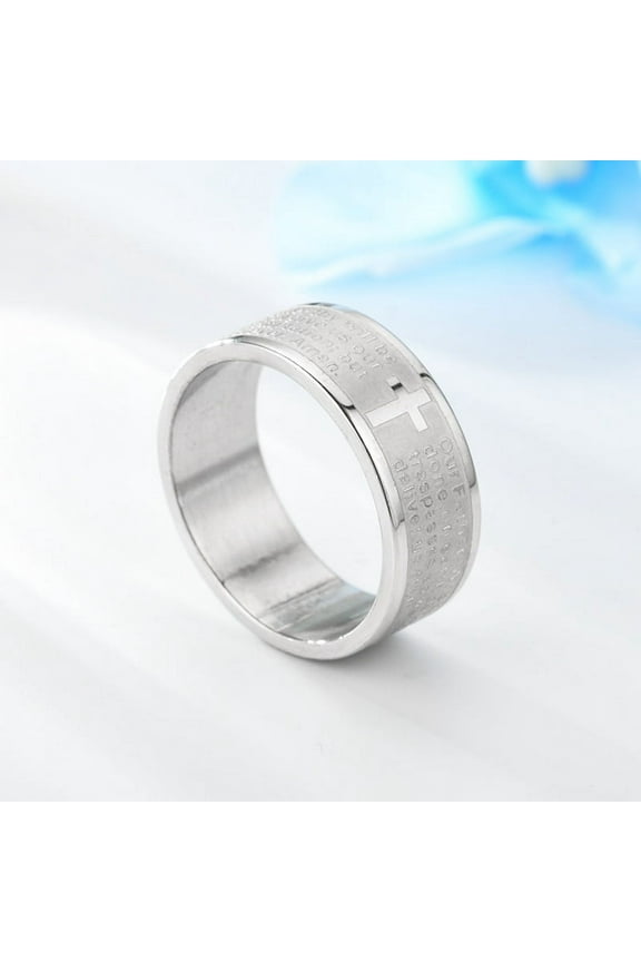 8mm 14K White Gold English Letter Lord's Prayer Ring Men's Bible Cross Rings For Women Men Jesus Christian Jewelry