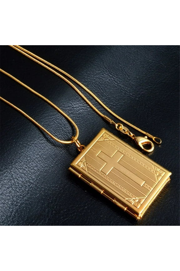 Cross Bible Photo frame Necklace Fashion Charms Square Memory Locket Can Open 14K Yellow Gold Pendants Necklaces Man Women Christian Gifts