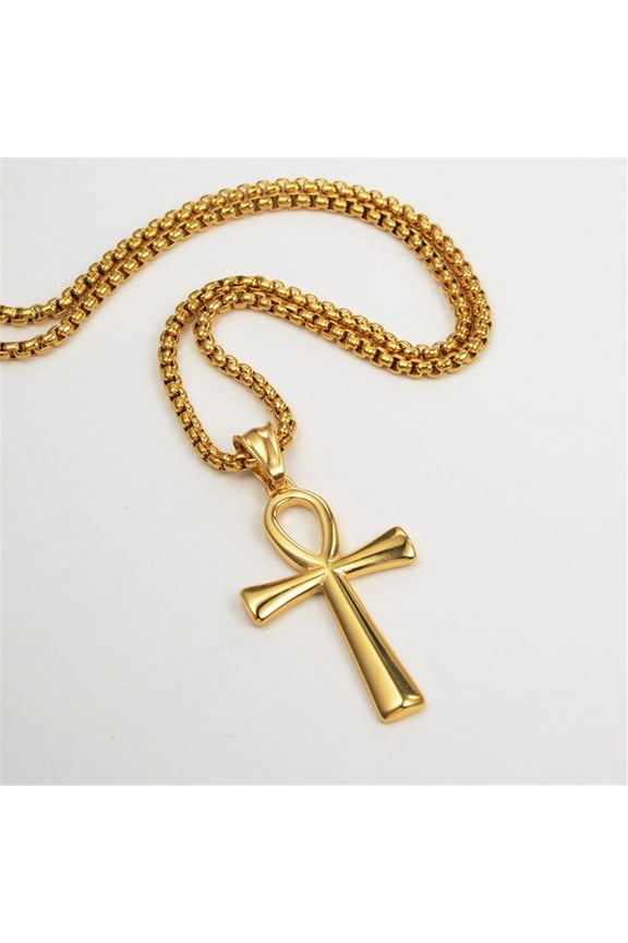 Egyptian Ankh Cross Necklaces Pendants 14K Yellow Gold Hieroglyphs Amulet Necklaces For Women Men Egypt Jewelry Gifts