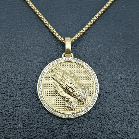 Lordgold Hip Hop Iced Out Praying Hands Pendant Necklaces For Women And Men 14K Yellow Gold Round Jewelry