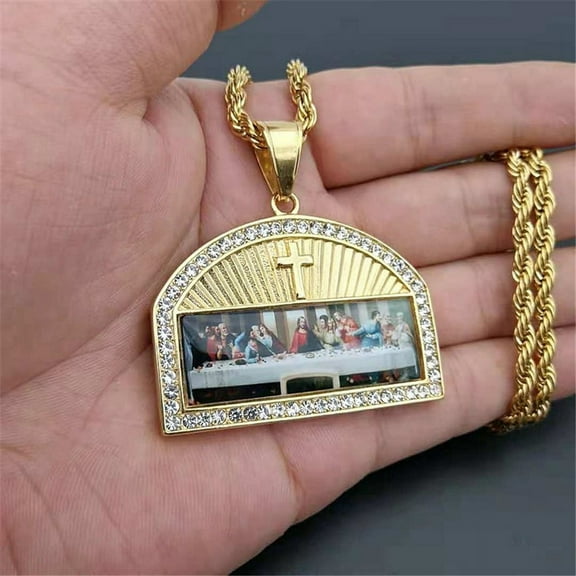 Lordgold Iced Out The Last Supper Pendant Necklace Male 14K Yellow Gold Cross Necklaces For Men Religious Jewelry