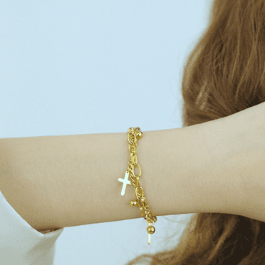 Lordgold Religious Female Cross Charm Bracelet 14K Yellow Gold Chain Link Bracelets for Women Jewelry Bijoux Femme