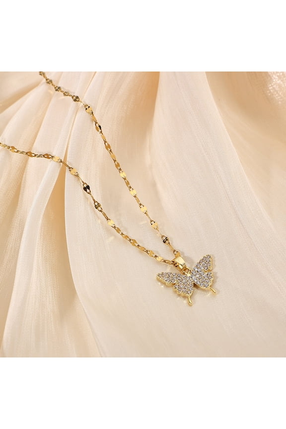 Shiny Butterfly Necklace Exquisite Golden Crystal Pendant Collar Chain 14K Yellow Gold Necklace Ladies Wedding Party Jewelry Gift