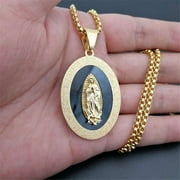 Lordgold Virgin Mary Pendant Necklace 14k Yellow Gold Men Christian Jewelry Lady of Guadalupe Miraculous Oval Medal Necklace