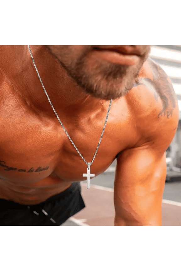 Cross Necklaces for Men Male Gifts Jewelry, Anti Allergy 14K White Gold Plain Cross Pendant with Rope Chain