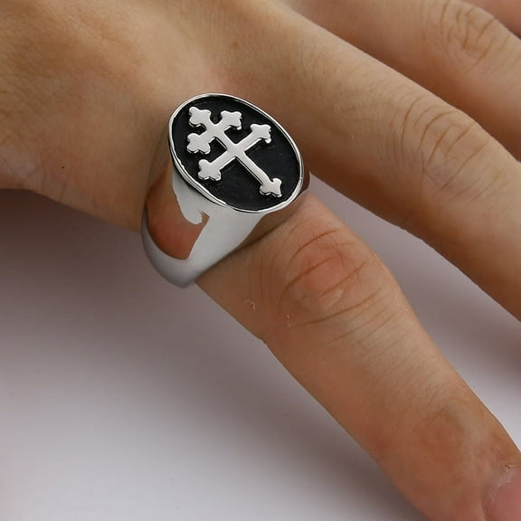 Valily Lorraine Cross Ring 14K White Gold Crux Vera Cross of Lorraine Rings for Men Jewelry S215