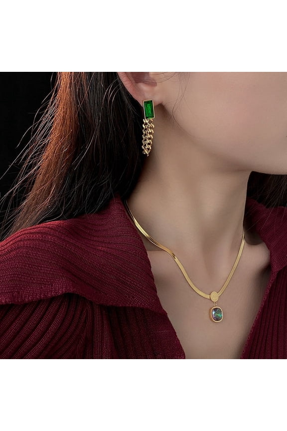 14k Yellow Gold Square Stone Pendant Necklace for Women Classic Female Golds Color Flat Snake Chain Wedding Jewelry Gift New In