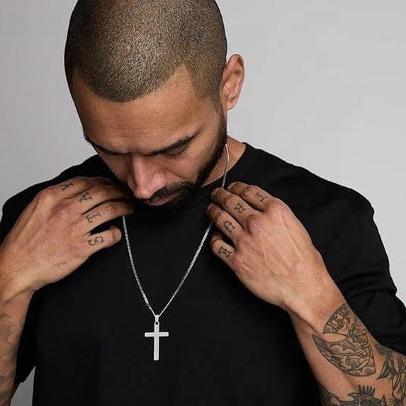 Lordluxury Cross Necklaces for Men Male Gifts Jewelry, Anti Allergy 14K White Gold Plain Cross Pendant with Rope Chain B228